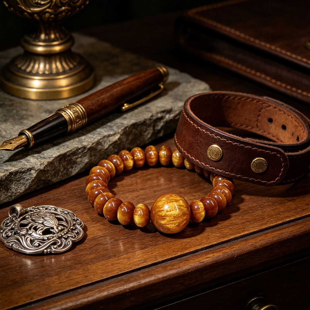 Unisex 20mm Natural Stone Elastic Golden Bead Bracelet, Good Luck